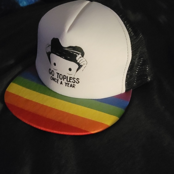 Snapback "Go Topless Once A Year" Pride Rainbow Trucker Hat - Picture 4 of 6